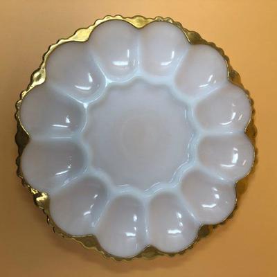 Vintage Anchor Hocking Milk glass Deviled egg plate with ruffle w/ Gold trim