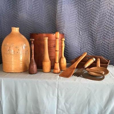 ANTIQUE KITCHEN - CHEESE BOX, JUGS, & MORE