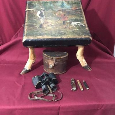 Vintage Footstool, Jackknives, & Binoculars