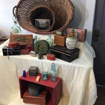 Vintage Baskets, Bottles, Boxes & Tins