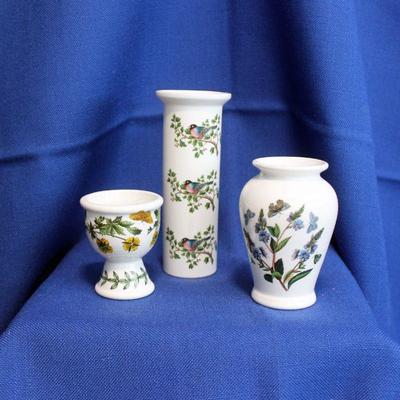 Lot 312: 3 Pc Portmerion Botanic Garden- Egg Cup, Bud Vase, small urn style vase   $32