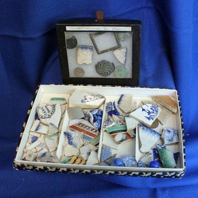 Lot 346: Box of early Pottery Shards and Display of Colonial Charleston Artifacts  $25