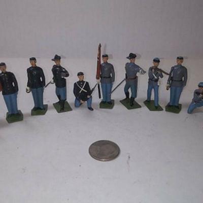 https://www.ebay.com/itm/124183675705	BU3046 LOT OF 10 VINTAGE LEADCIVIL WAR TOY SOLDIERS . 5 UNION , 5 CONFEDERATE PRE 1966 MADE IN...