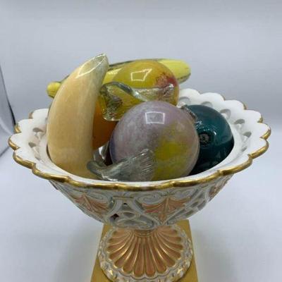 Porcelain Reticulated Bowl and Blown Glass Fruit