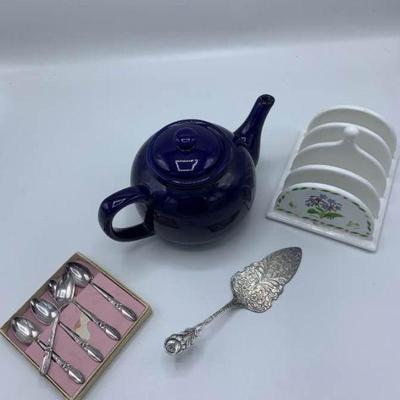 Cobalt Blue Teapot, Spoons, Napkin Holder