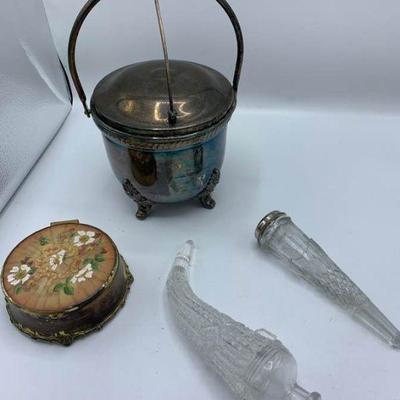 Silverplate Ice Bucket, Glass Horns, Jewelry Holder