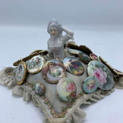 Pin Cushion Lady with 19 Porcelain Pins