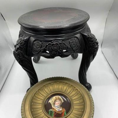 Carved Wood Asian Table and Pedestal Plate