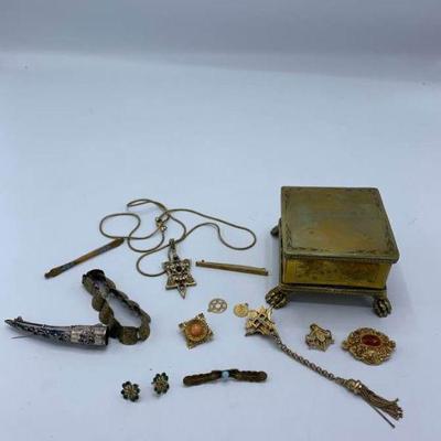 Pins, Bracelets, Necklace, Brass Box