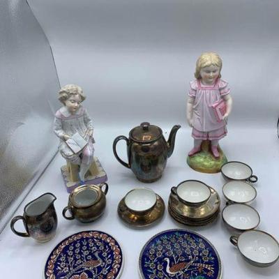 Silvered Tea Set and 2 Figurines