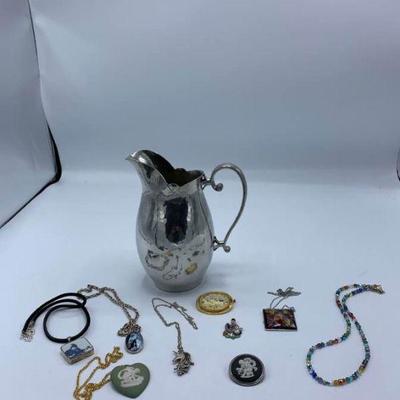 Pins, Necklaces, and Pitcher