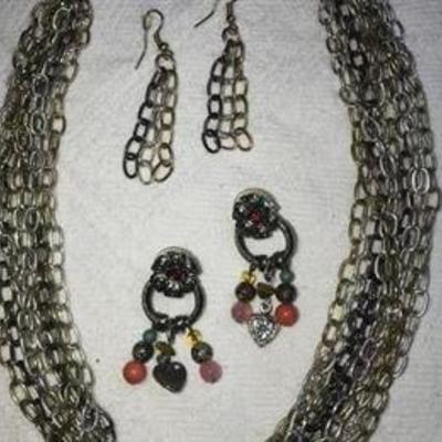 J# 36 Multi colored metal , multi strand necklace & earring set & color drop earrings . 3 pcs $25  