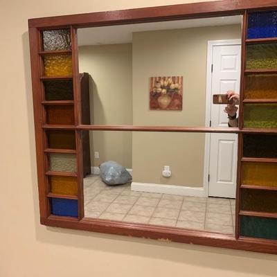  $395.   Antique Stained Pebble Glass Mirror . Converted from  a window - ONE of a kind  . It is  35 1/2