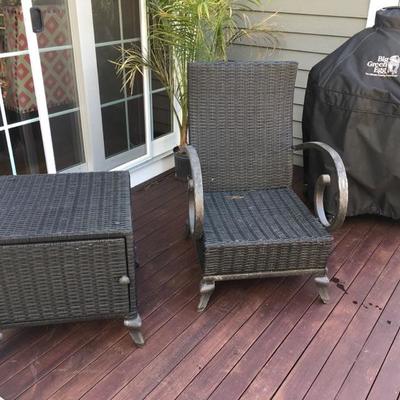 Rattan deck chair and side table.  $175 chair, $65 table. Chair is 26" wide, 38' tall at back.  Side table is a 22" cube.