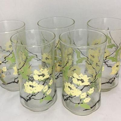 https://www.ebay.com/itm/114194996212	BR002: Mid-Century Modern Glass Tumblers with White Flowers on Branches, 5 pieces, 5