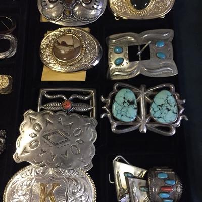 Large collection of turquoise and silver jewelry.
