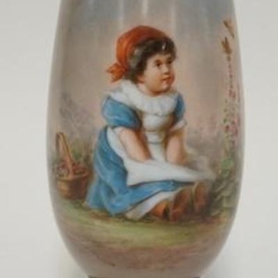 1064	VICTORIAN VASE WITH SCENE OF CHILD SITTING WITH BASKET WATCHING BUTTERFLIES. 7 3/4 IN HIGH