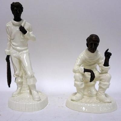 1005	MINTON BONE CHINA AND BRONZE FIGURES, LOT OF 2. THE FISHERMAN AND TRAVELERS TALES, 1978. TALLEST IS 10 IN.