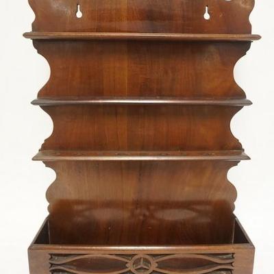 1084	ANTIQUE MAHOGANY HANGING PIPE RACK. 25 IN HIGH X 18 IN WIDE