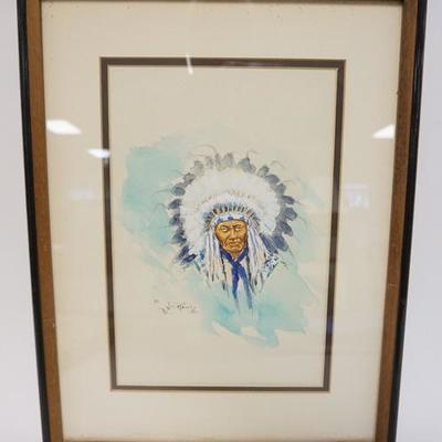 1090	WATERCOLOR BY WILLIAM RAINS, INDIAN CHIEF 1980. IMAGE SIZE 7 1/2 IN X 11 IN