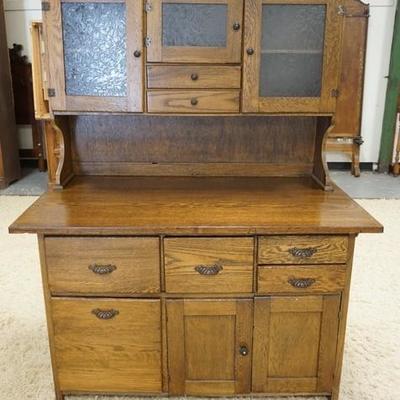 1071	ANTIQUE OAK BAKERS KITCHEN CABINET WITH FROSTED GLASS DOORS