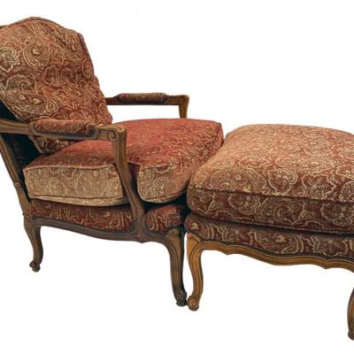UPHOLSTERED ARM CHAIR AND OTTOMAN BY BAKER FURNITURE CO. $125
