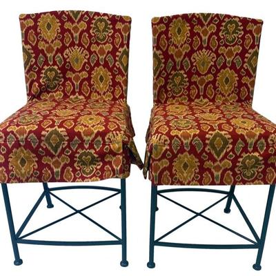 PAIR SHAUER HOWARD BAR STOOLS WITH IKAT SLIP COVERS $75