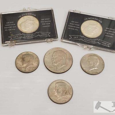 11327: 2 1964 Kennedy Silver Half Dollars, 3 Kennedy Half Dollars and Eisenhower Dollar