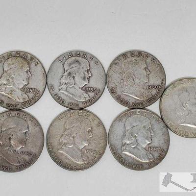 11200: 7 Silver Franklin Half Dollars - 87g