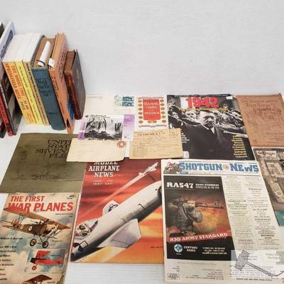 7604: Assorted Military Books, Firearm Books, Envelopes with Stamps and More
