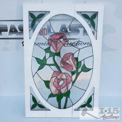 8126: Stained Glass, Roses. 	
Stained Glass, Roses
White wood, hanging hooks, rose detailing stained glass. 47.5" x 31.5".