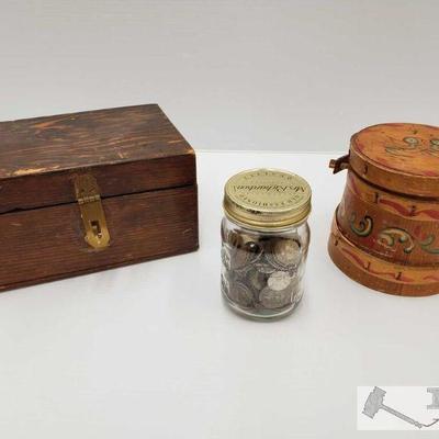 11344: A Wooden Box With Metal Clasp, A Wooden Container Full of Coins, A Jar Full of Coins