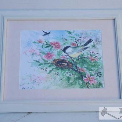 8114: Birds Nest Painting Signed, Framed. Birds and nest in tree 9