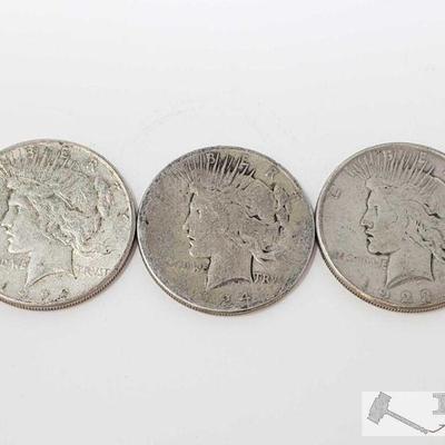 11112: 3 Silver Peace Dollars (1922, 1923, 1924)- San Fransisco Mint