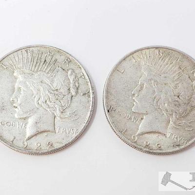 11116: 2 1922 Silver Peace Dollars - Philadelphia