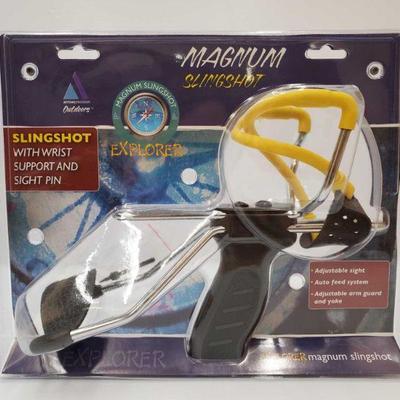 2500	

Brand New In Box Magnum Slingshot
With Wrist Suppor and Sight Pin, Adjustable Sight, Auto Feed System, Adjustable Arm Guard and Yoke