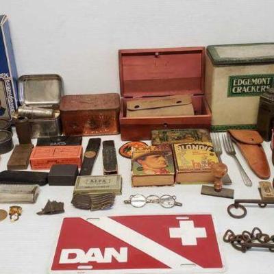 7060: Antique Tins, Metal Coffee Mugs, Army Sewing Kit and More