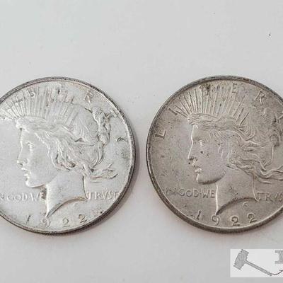 11180	

Two 1922 Silver Peace Dollars - Philadelphia Mint
Each weighs approx 26.6g 
#7