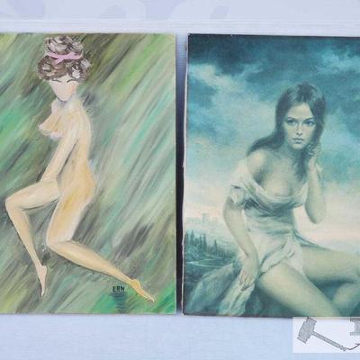 8124: 2 Canvas Erotic Paintings. 24" x 18" nude portraits on canvas, hues of green.