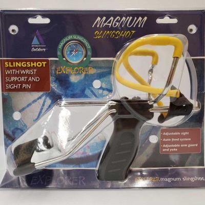 2501	

Brand New In Box Magnum Slingshot
With Wrist Suppor and Sight Pin, Adjustable Sight, Auto Feed System, Adjustable Arm Guard and Yoke