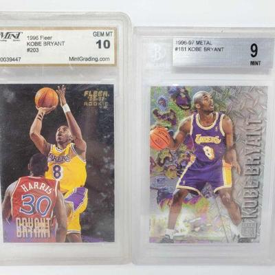 104	

1996 Fleer #203 and 1996-97 Metal #181 Kobe Bryant Cards
1996 Fleer Kobe Bryant #203 GM MT sports card. 1996-97 Metal #181 Mint...