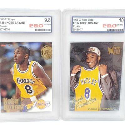 102	

1996-97 Hoops #281 and Fleer Metal #137 Kobe Bryant Rookie Cards, Pro Graded
1996-97 Hoops #281 Kobe Bryant pro graded rookie card....