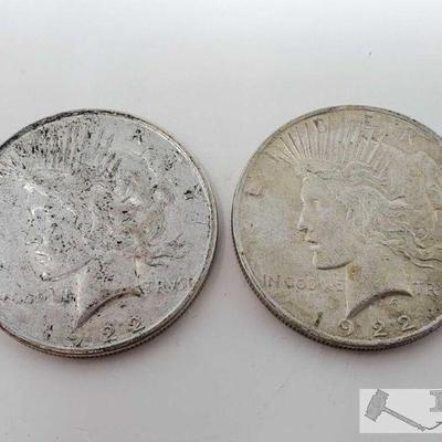 11183: Two 1922 Silver Peace Dollars - Philadelphia Mint