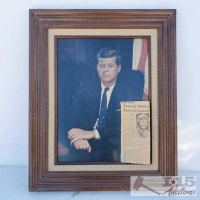 8116: John F Kennedy Framed Photograph and Joseph Kennedy News Clipping. JFK photograph 16