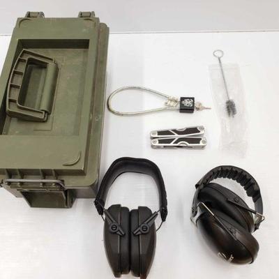 1055	

Ammo Can, 2 Ear Protection, Gun Cleaning Brush, Multi Tool, And Gun Lock
Ammo Can, 2 Ear Protection, Gun Cleaning Brush, Multi...