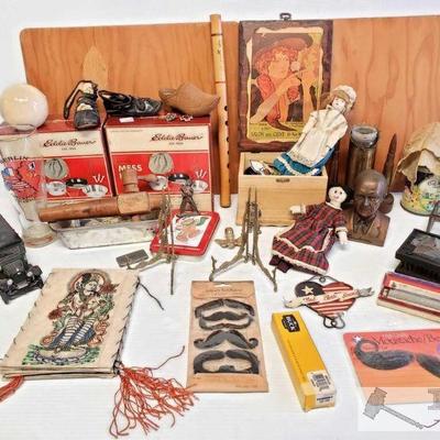 7067: Two Mess Kits, Wooden Flute, Eisenhower Bank, Harmonica and Other Antique Items