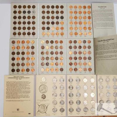 11331: 2 Completed Lincoln Memorial Cent Books and Commemorative Quarter Series Book