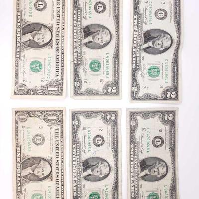 11140: 2 1981 A 1 Dollar Bills And 4 1976 2 Dollar Bills