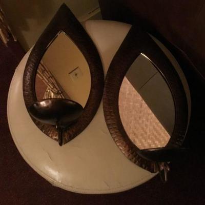 Leaf style mirror candle holders - copper tone metal frame. 16in.  tall. 