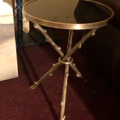 Accent Table: Heavy Brass with Black Granite Style Mirror Finish Top and Bamboo Style legs. Now 4 available. 2 Sold.  Diameter = 16.-1/2...